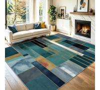 Machine Washable Rug 120x180 cm, Retro Geometric Soft Non-Slip Non-Shedding Indoor Carpet, Abstract Rectangle Lines Pattern Pet & Child Friendly Easy Clean Rugs for Bedroom Hallway Office, Blue
