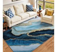 Machine Washable Rug 60 x 90 cm, Non-Slip Door Mat Modern Light Abstract Golden Fluid Printed Area Rug - Low Pile Non-Shedding Foldable Thin Blue Carpet for Entryway Hallway Bedroom Kitchen Corridor