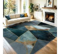 Machine Washable Rug 60x90 cm, Retro Geometric Soft Non-Slip Non-Shedding Indoor Carpet, Marble Polygons Pattern Pet & Child Friendly Easy Clean Rugs for Bedroom Entrance Hallway Office, Blue