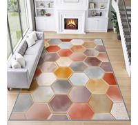 Machine Washable Rug Area Rug Geometric Watercolor Non-Slip for Office Kitchen, Hexagonal tile gold outline Short Pile 200 x 300 cm for Dining Room Easy To Clean Floor Carpet Non Shedding
