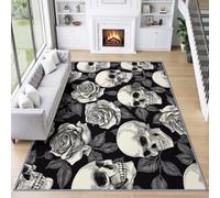 Machine Washable Rug Area Rug Gothic Dark Non-Slip for Office Kitchen, White skull gray rose dark leaves Short Pile 80 x 150 cm for Dining Room Easy To Clean Floor Carpet Non Shedding
