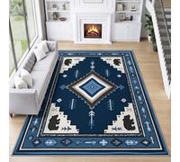 Machine Washable Rug Area Rug Native American Aztec Geometric Non-Slip for Office Kitchen, Navy blue diamond Short Pile 80 x 150 cm for Dining Room Easy To Clean Floor Carpet Non Shedding