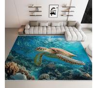 Machine Washable Rug Living Room 80 x 150 cm, Area Rugs Soft Non-Slip Low-Pile Nature The Underwater World Animals Sea Turtles Carpet for Bedroom Kids Room Kitchen Entryway Lounge, Blue