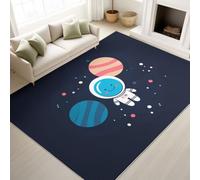 Machine Washable Rugs, 120 x 180 cm Cartoon Space Area Rug, Non-Slip, Low Pile, Sci-Fi Astronaut Universe Exploration Carpet for Living Room Kids Dining Kitchen Entryway Lounge Decor, Dark Blue