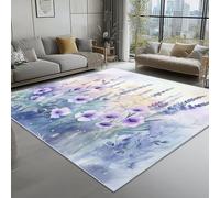 Machine Washable Rugs 120 x 180 cm, Non-Shedding Soft Short Pile Area Rug, Large Fluffy Non-Slip Carpet with Dream Wildflowers Pattern for Living Room Bedroom Office Dining Room Lounge, Gray Purple