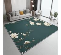Machine Washable Rugs 120x180 cm, Non-Shedding Soft Short Pile Area Rug, Large Fluffy Non-Slip Carpet with Retro Magnolia Pattern for Living Room Bedroom Office Dining Room Lounge, Green
