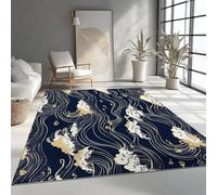 Machine Washable Rugs 140x200 cm, Non-Shedding Soft Short Pile Area Rug, Large Fluffy Non-Slip Carpet with Japanese Waves Clouds Pattern for Living Room Bedroom Office Dining Room Lounge, Dark Blue