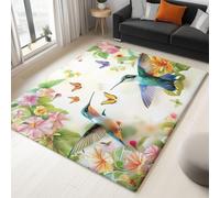 Machine Washable Rugs 160 x 230 cm, Non-Shedding Soft Short Pile Area Rug, Fluffy Non-Slip Carpet with Hummingbird Butterfly Flower Pattern for Living Room Bedroom Office Dining Room Lounge, Beige