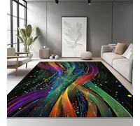 Machine Washable Rugs 160 x 230 cm, Non-Shedding Soft Short Pile Area Rug, Large Fluffy Non-Slip Carpet with Dream Color Lines Pattern for Living Room Bedroom Office Dining Room Lounge, Black