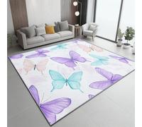 Machine Washable Rugs 160x230 cm, Non-Shedding Soft Short Pile Area Rug, Large Fluffy Non-Slip Carpet with Dream Butterfly Pattern for Living Room Bedroom Office Dining Room Lounge, White