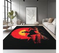 Machine Washable Rugs 180 x 240 cm, Non-Shedding Soft Short Pile Area Rug, Large Fluffy Non-Slip Carpet with Sunset Knight Horse Pattern for Living Room Bedroom Office Dining Room Lounge, Black