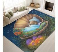 Machine Washable Rugs, 60 x 120 cm Fairy Tale Animal Area Rug, Non-Slip, Low Pile, Cute Mouse Shell Carpet for Living Room Kids Dining Kitchen Entryway Lounge Decor, Blue