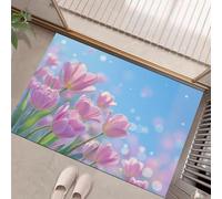 Machine Washable Rugs 90 x 150 cm, Non-Slip Doormat, Dreamy Spring Flowers Bedside Rug, Pink Area Rugs, Low Pile, Non-Shedding, Tulips In The Blue Sky Printed Design, Entrance, Entryway, Corridor
