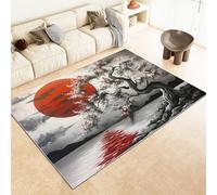Machine Washable Rugs for Children's Room 60x90cm - Japanese Style Cherry Blossom Tree Red Sun Modern Soft flannel Area Rugs for Bedroom Dining Grey Carpet for Office Living Room Non Slip Rug