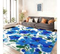Machine Washable Rugs for Living Room 120 x 170 cm, Simple Painted Flowers Print, Blue White Non-Shedding Soft Low Pile Non-Slip Area Rugs for Living Room Bedroom Home Office Indoor