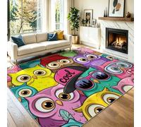 Machine Washable Rugs Living Room, 50 x 80 cm Kitchen Rugs Non Slip, Soft Short Pile Illustration Colourful Rug for Bedroom, Cartoon Owls Graffiti Rug for Hallway, Dining Room, Bedroom, Entryway
