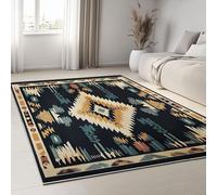 Machine Washable Rugs Living Room 60 x 120 cm, Black Cream Non-Slip Carpet, Low Pile, Non-Shedding, Indian Style Symbol Printed Design, Dining Room, Home Office, Bedroom