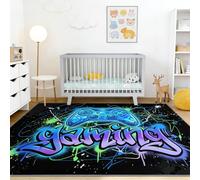 Machine Washable Rugs Short Pile Non-Slip Game Carpet, Game Controller Handwriting Graffiti, for Living Room Office Kitchen Dining Hallway Entryway, Blue Black 60 x 90 cm