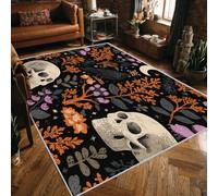 Machine Washable Skull Floral Rugs for Entryway, Branch Leaf Flower Moon Design Small Area Rug Bedroom Decor, Non Slip Low Pile Soft Indoor Door Mat, 60 x 110 cm, FD663