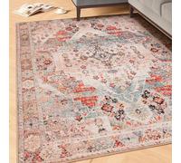 Machine Washable Traditional Blue Red Multi Cotton Rugs Medallion Patterned Stain Resistant Liquid Repellent Living Area Bedroom Rug 160cm x 230cm (5ft 3" x 7ft 7")