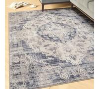 Machine Washable Traditional Distressed Blue Cotton Rugs Medallion Stain Resistant Liquid Repellent Living Area Bedroom Rug 80cm x 150cm (2ft 7" x 4ft 11")