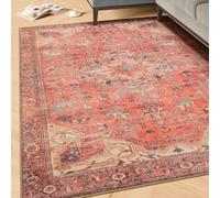 Machine Washable Traditional Terra Red Cotton Rugs Geometric Patterned Stain Resistant Liquid Repellent Living Area Bedroom Rug 160cm x 230cm (5ft 3" x 7ft 7")