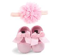 MACHSWON Baby Girls First Walking Shoes Bow-Knot Mary Jane Flats Elastic Band Soft Cotton Anti-Slip Soft-Soled Princess Christening Shoes Infant Girls Outdoor Shoes with Headband(Pink, 6-12 Months)