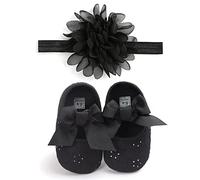 MACHSWON Baby Girls First Walking Shoes Bow-Knot Mary Jane Flats Elastic Band Soft Cotton Anti-Slip Soft-Soled Princess Christening Shoes Infant Girls Outdoor Shoes with Headband(Black, 12-18 Months)