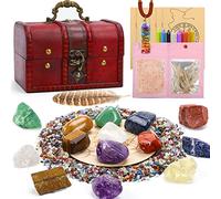 35PCS Healing Crystals Stones Set, 7 Rough & Tumbled Chakra Stones, 80g Crushed Stones,Necklace, 8 Magic Candles, 7 Paper/Sage/Feather/Salt, Wooden Grid and Box for Beginners Meditation Yoga