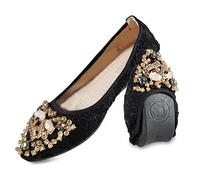 MACHSWON Women Ballet Flats Rhinestone Outdoor Wedding Ballerina Shoes Foldable Sparkly Comfort Slip on Flat Walking Shoes for Ladies(Black Fox Head, Size 8.5)