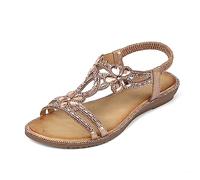 MACHSWON Women Faux Leather Open Toe Sling Back Sparkly Flower Diamante Gem Stone Flat Gladiator Summer Outdoor Sandals (Champagne, Size 4)