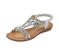 MACHSWON Women Faux Leather Open Toe Sling Back Sparkly Flower Diamante Gem Stone Flat Gladiator Summer Outdoor Sandals (Silver, Size 5.5)