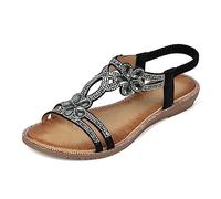 MACHSWON Women Faux Leather Open Toe Sling Back Sparkly Flower Diamante Gem Stone Flat Gladiator Summer Outdoor Sandals (Black, Size 6)