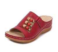 MACHSWON Women Flip Flops Summer Beach Comfortable Thong Wedge Sandals with Hollow Out Cute Beaded Non Slip Indoor Outdoor Slippers(Red, Size 7)