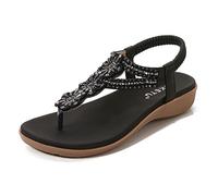 MACHSWON Women Summer Sandals Elastic Strappy String Thong Ankle Strap Bohemian Beaded Outdoor Flat Shoes(Black, Size 6)