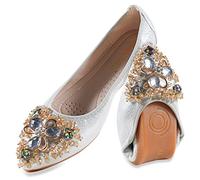 MACHSWON Womens Fold up Pumps Roll up Shoes Foldable Ballet Flats with Sparkly Rhinestone, Portable Ladies Slip On Loafers(Silver-1, Size 4)