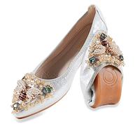 MACHSWON Womens Fold up Pumps Roll up Shoes Foldable Ballet Flats with Sparkly Rhinestone, Portable Ladies Slip On Loafers(Silver-4, Size 4)
