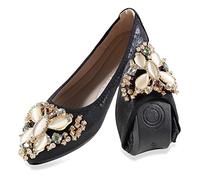 MACHSWON Womens Fold up Pumps Roll up Shoes Foldable Ballet Flats with Sparkly Rhinestone, Portable Ladies Slip On Loafers(Black-2, Size 5)