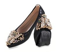 MACHSWON Womens Fold up Pumps Roll up Shoes Foldable Ballet Flats with Sparkly Rhinestone, Portable Ladies Slip On Loafers(Black-5, Size 6)