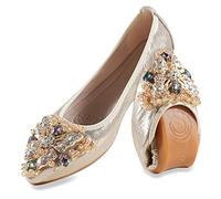 MACHSWON Womens Fold up Pumps Roll up Shoes Foldable Ballet Flats with Sparkly Rhinestone, Portable Ladies Slip On Loafers(Gold-5, Size 7)