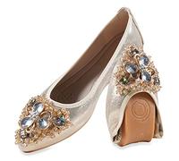 MACHSWON Womens Fold up Pumps Roll up Shoes Foldable Ballet Flats with Sparkly Rhinestone, Portable Ladies Slip On Loafers(Gold-1, Size 7)