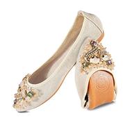 MACHSWON Womens Folding Pumps Roll up Wedding Dress Shoes Foldable Bling Ballet Flats with Beautiful Rhinestone Portable Ladies Slip On Loafers(Gold, Size 5)