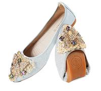 MACHSWON Womens Folding Pumps Roll up Wedding Dress Shoes Foldable Bling Ballet Flats with Beautiful Rhinestone Portable Ladies Slip On Loafers(Silver-1, Size 7.5)