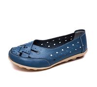 MACHSWON Womens Hollow Out Comfortable Leather Loafers Casual Round Toe Moccasins Driving Flats Soft Walking Boat Shoes Women(Navy, Size 4)