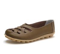MACHSWON Women's Hollow Out Comfortable Leather Loafers Casual Round Toe Moccasins Wild Driving Flats Soft Walking Boat Shoes Women(Khaki, Size 7)