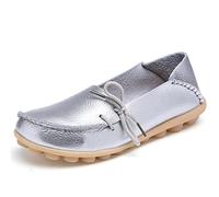MACHSWON Womens Leather Moccasins Casual Soft Loafer Flat Boat Shoes Slip On Driving Shoes(Silver, Size 8)