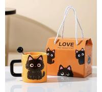 MACHUMA Cat Coffee Mugs Set, 380ml Ceramic Cups with Black Kitten Design with Gift Box