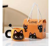 MACHUMA Cat Coffee Mugs Set, 400ml Ceramic Cups with Black Kitten Design with Gift Box