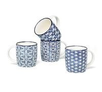 MACHUMA Set of 4 12 oz Coffee Mugs with Blue and White Geometric Patterns, Ceramic Tea Cup Set, Gift for Friends (Set 1)