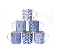 MACHUMA Set of 6 Coffee Mugs 340 ML/11.5 oz with Blue and White Geometric Patterns, Ceramic Tea Cup Set 6 Pack